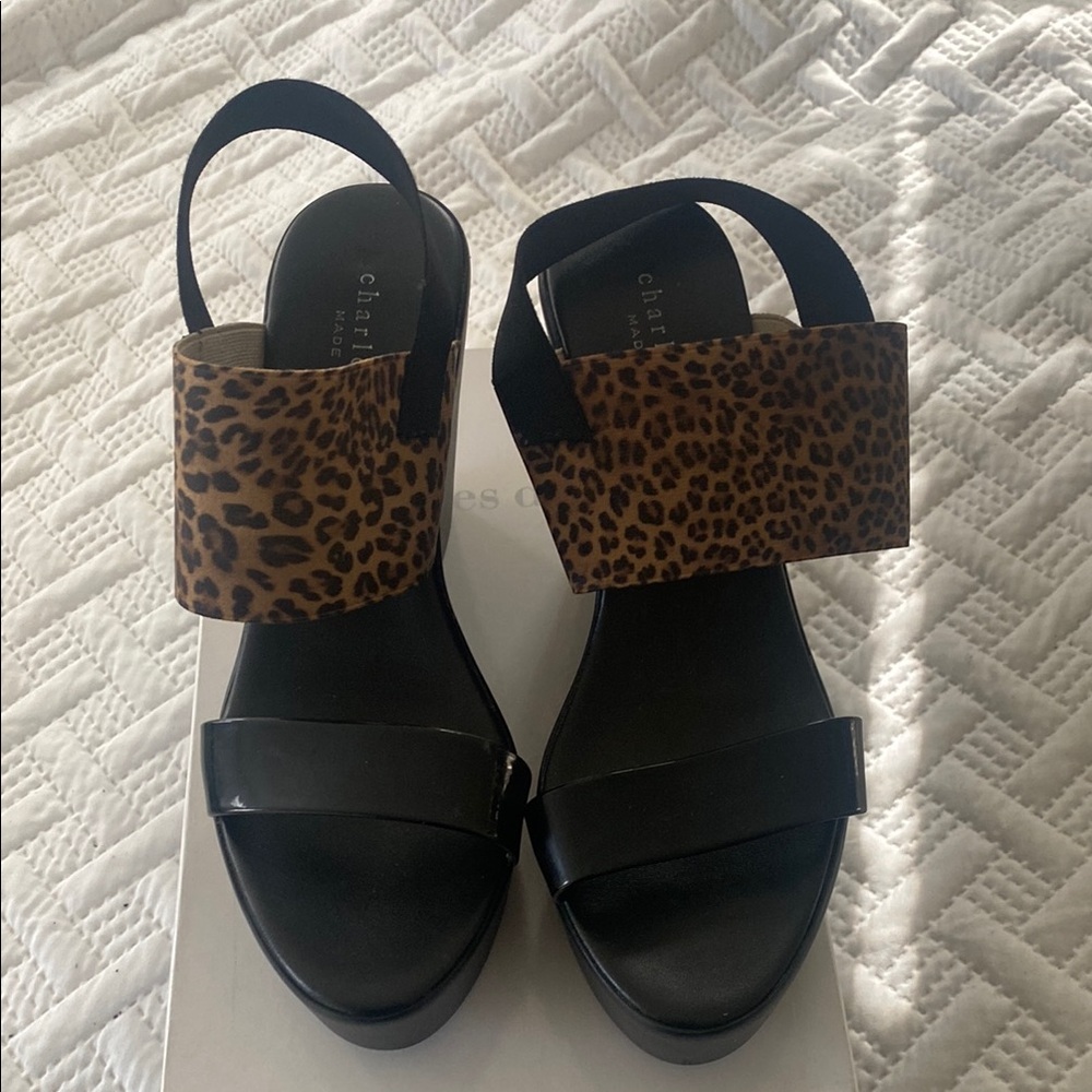 Charles David Black and Brown Wedge Sandals with Leopard Print